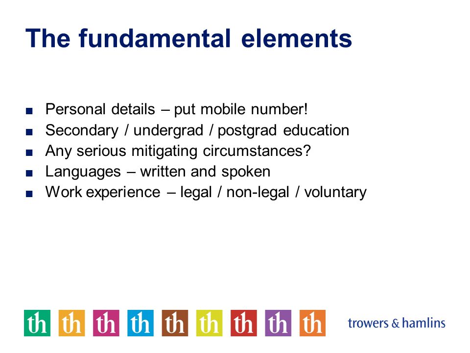 The fundamental elements ■ Personal details – put mobile number.