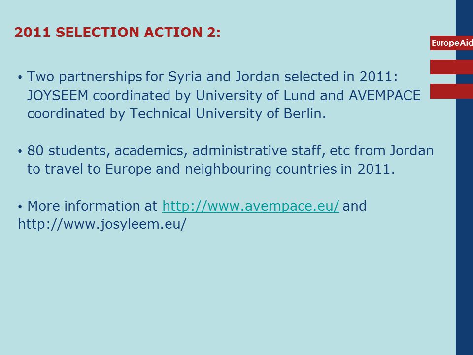EuropeAid 2011 SELECTION ACTION 2: Two partnerships for Syria and Jordan selected in 2011: JOYSEEM coordinated by University of Lund and AVEMPACE coordinated by Technical University of Berlin.
