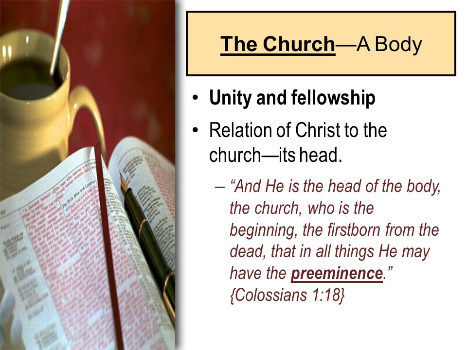 The Church—A Body Unity and fellowship Relation of Christ to the church—its head.