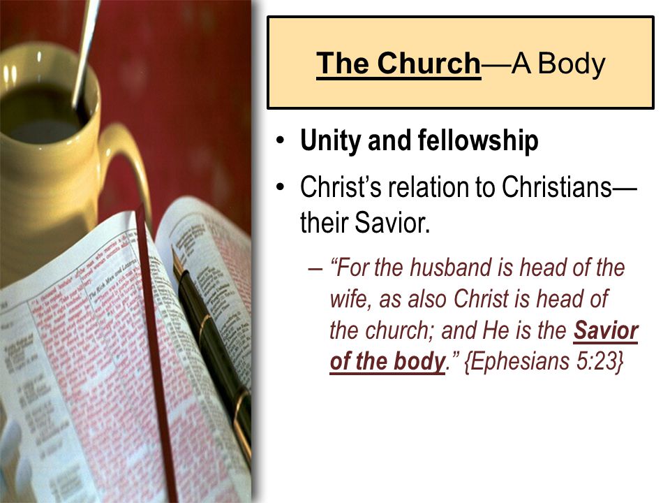 The Church—A Body Unity and fellowship Christ’s relation to Christians— their Savior.
