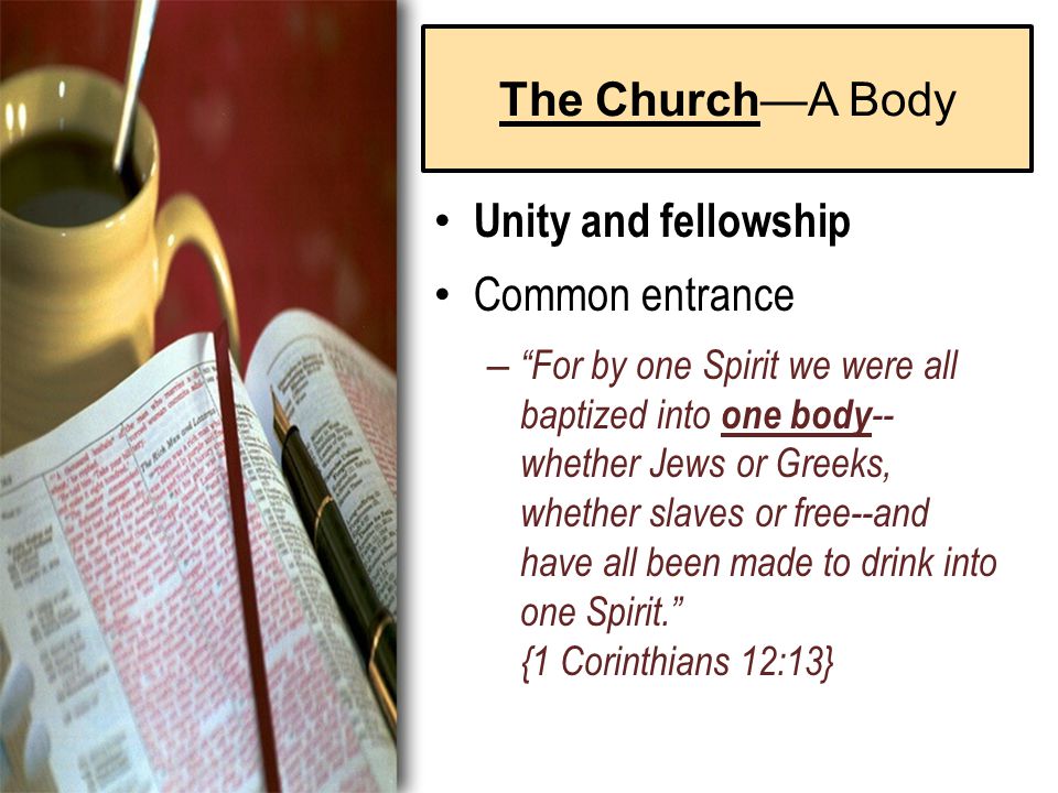 The Church—A Body Unity and fellowship Common entrance – For by one Spirit we were all baptized into one body -- whether Jews or Greeks, whether slaves or free--and have all been made to drink into one Spirit. {1 Corinthians 12:13}