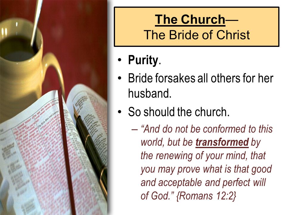 The Church— The Bride of Christ Purity. Bride forsakes all others for her husband.