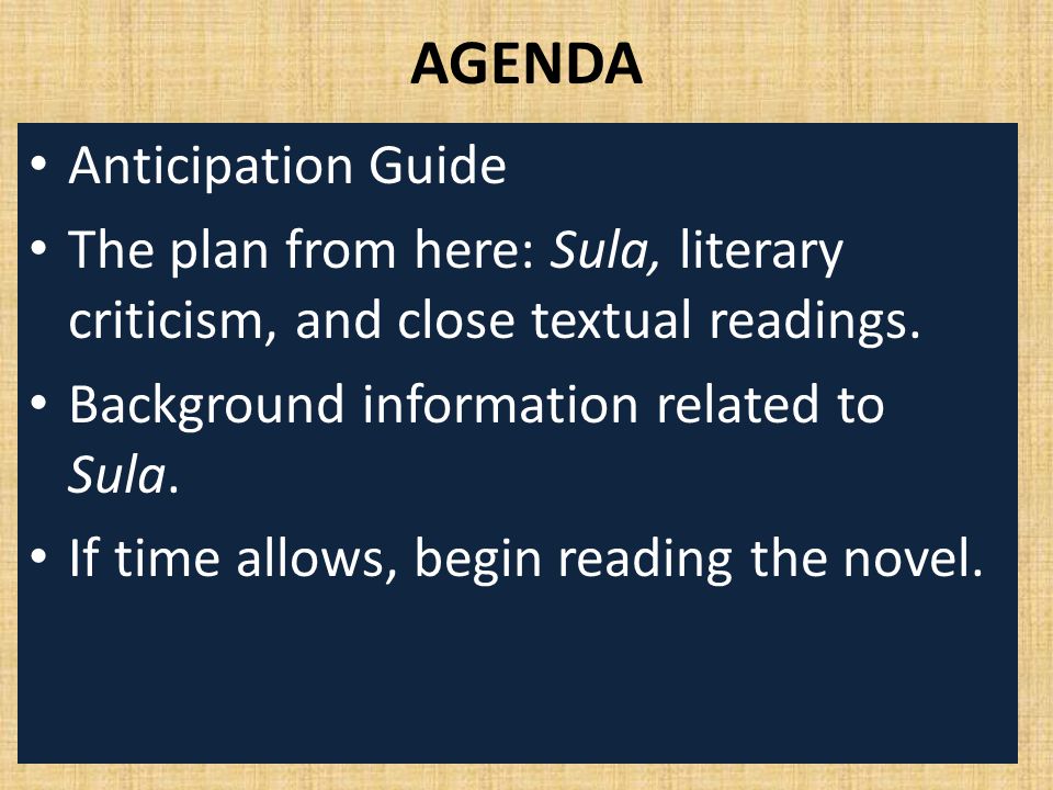 AGENDA Anticipation Guide The plan from here: Sula, literary criticism, and close textual readings.