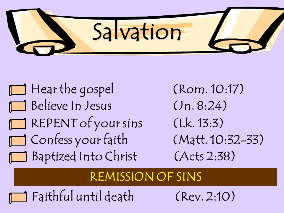 Salvation Hear the gospel (Rom. 10:17) Believe In Jesus (Jn.