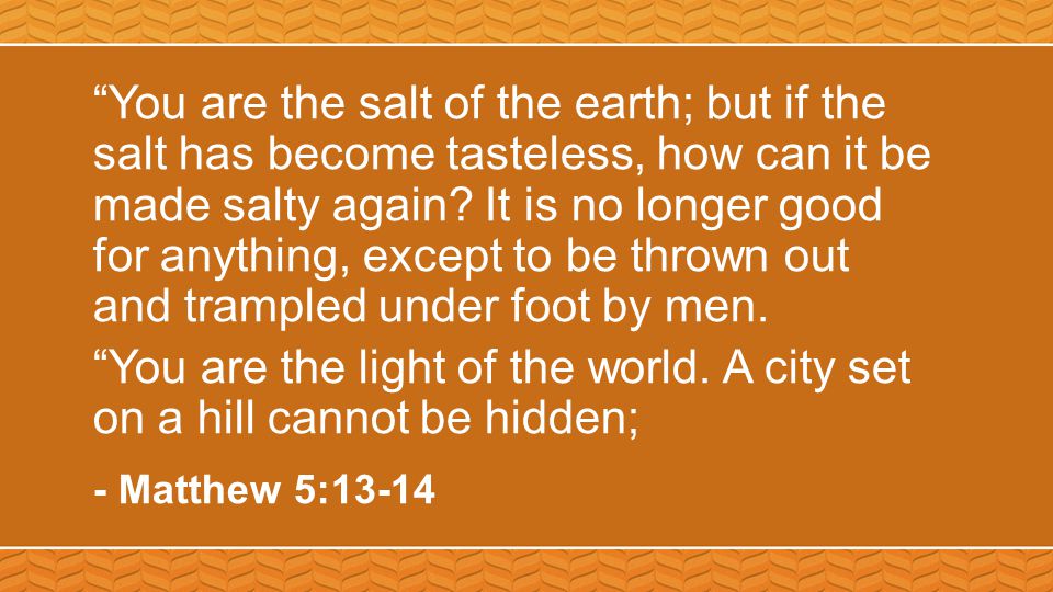 You are the salt of the earth; but if the salt has become tasteless, how can it be made salty again.