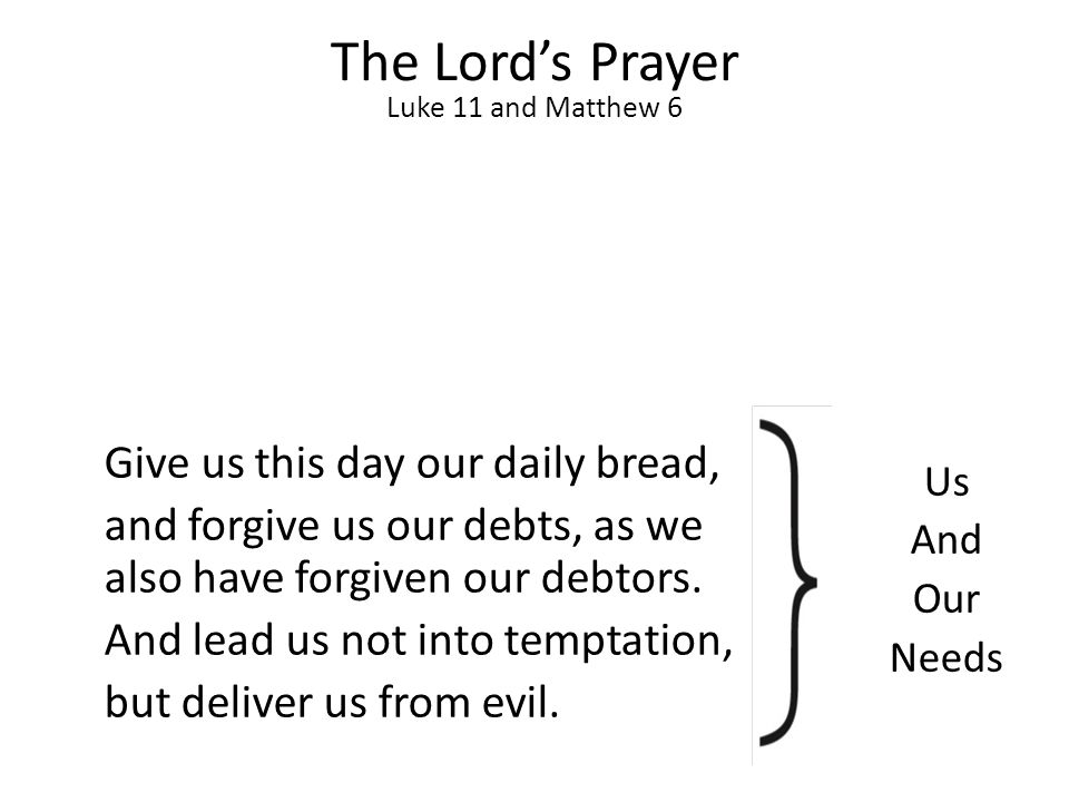 Give us this day our daily bread, and forgive us our debts, as we also have forgiven our debtors.