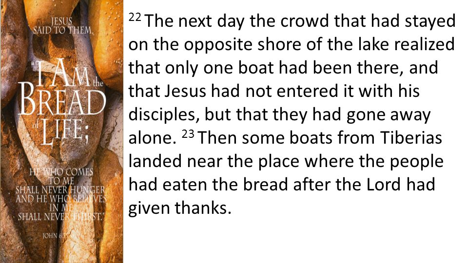 22 The next day the crowd that had stayed on the opposite shore of the lake realized that only one boat had been there, and that Jesus had not entered it with his disciples, but that they had gone away alone.