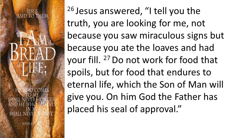 26 Jesus answered, I tell you the truth, you are looking for me, not because you saw miraculous signs but because you ate the loaves and had your fill.