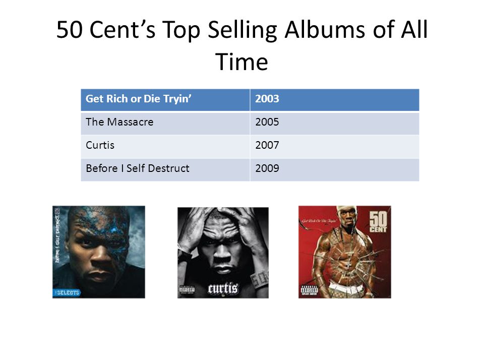 50 Cent’s Top Selling Albums of All Time Get Rich or Die Tryin’2003 The Massacre2005 Curtis2007 Before I Self Destruct2009