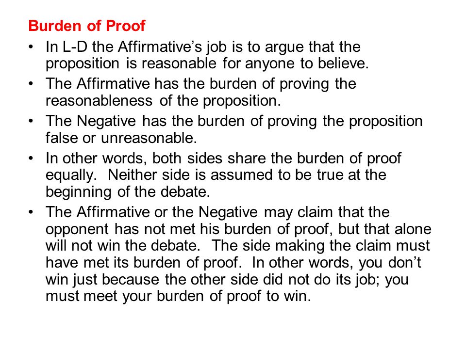 Burden of Proof In L-D the Affirmative’s job is to argue that the proposition is reasonable for anyone to believe.