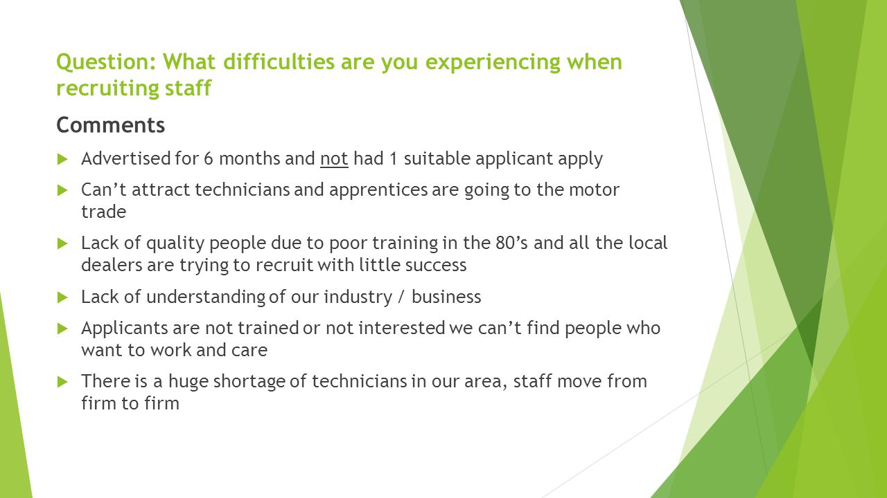 Question: What difficulties are you experiencing when recruiting staff Comments  Advertised for 6 months and not had 1 suitable applicant apply  Can’t attract technicians and apprentices are going to the motor trade  Lack of quality people due to poor training in the 80’s and all the local dealers are trying to recruit with little success  Lack of understanding of our industry / business  Applicants are not trained or not interested we can’t find people who want to work and care  There is a huge shortage of technicians in our area, staff move from firm to firm