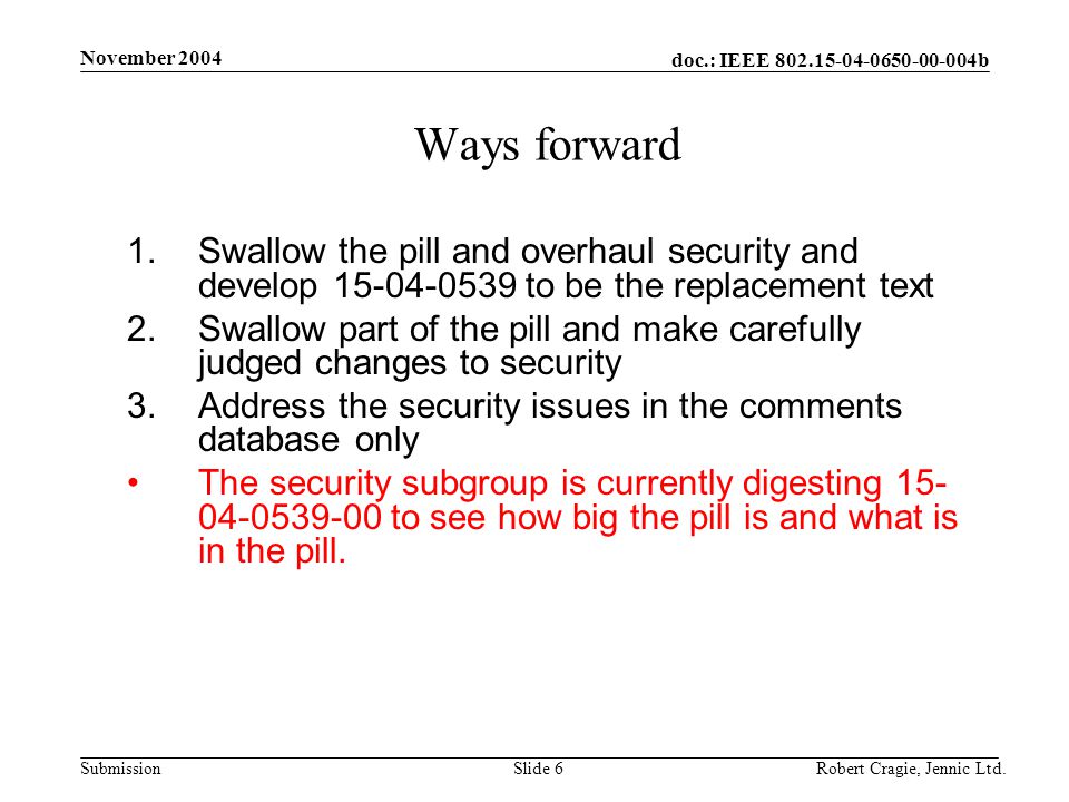 doc.: IEEE b Submission November 2004 Robert Cragie, Jennic Ltd.Slide 6 Ways forward 1.Swallow the pill and overhaul security and develop to be the replacement text 2.Swallow part of the pill and make carefully judged changes to security 3.Address the security issues in the comments database only The security subgroup is currently digesting to see how big the pill is and what is in the pill.