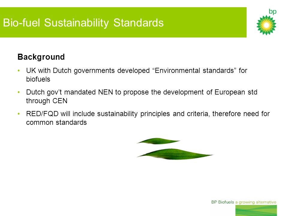 Background UK with Dutch governments developed Environmental standards for biofuels Dutch gov’t mandated NEN to propose the development of European std through CEN RED/FQD will include sustainability principles and criteria, therefore need for common standards Bio-fuel Sustainability Standards