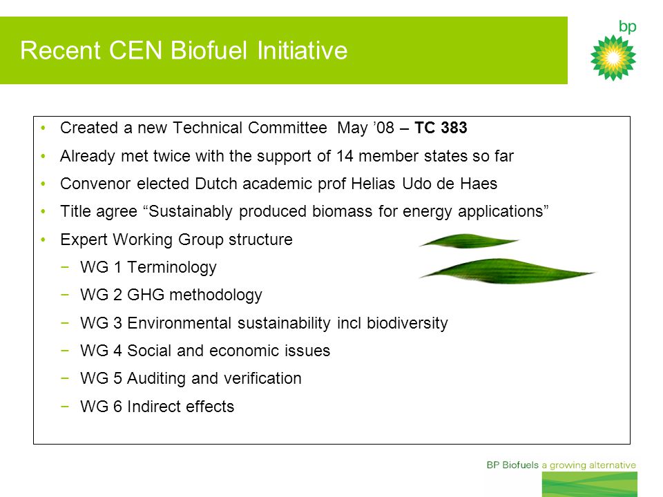 Recent CEN Biofuel Initiative Created a new Technical Committee May ’08 – TC 383 Already met twice with the support of 14 member states so far Convenor elected Dutch academic prof Helias Udo de Haes Title agree Sustainably produced biomass for energy applications Expert Working Group structure −WG 1 Terminology −WG 2 GHG methodology −WG 3 Environmental sustainability incl biodiversity −WG 4 Social and economic issues −WG 5 Auditing and verification −WG 6 Indirect effects