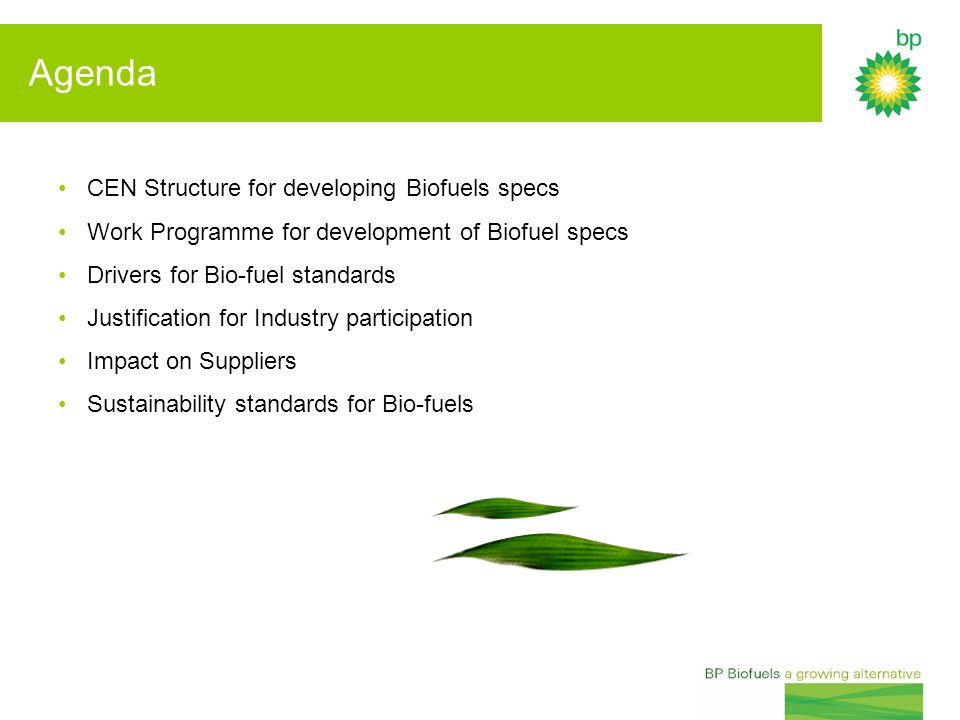 Agenda CEN Structure for developing Biofuels specs Work Programme for development of Biofuel specs Drivers for Bio-fuel standards Justification for Industry participation Impact on Suppliers Sustainability standards for Bio-fuels