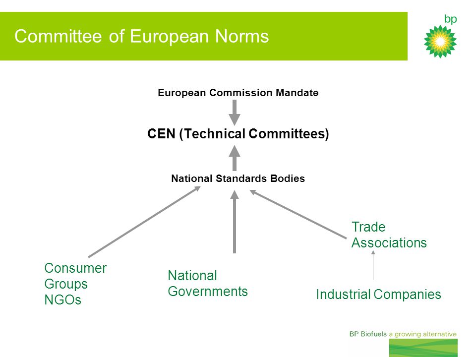 Committee of European Norms European Commission Mandate CEN (Technical Committees) National Standards Bodies Consumer Groups NGOs National Governments Trade Associations Industrial Companies