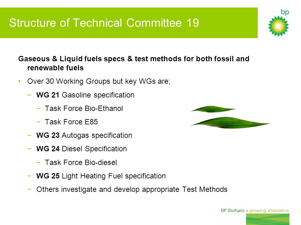 Structure of Technical Committee 19 Gaseous & Liquid fuels specs & test methods for both fossil and renewable fuels Over 30 Working Groups but key WGs are; −WG 21 Gasoline specification −Task Force Bio-Ethanol −Task Force E85 −WG 23 Autogas specification −WG 24 Diesel Specification −Task Force Bio-diesel −WG 25 Light Heating Fuel specification −Others investigate and develop appropriate Test Methods