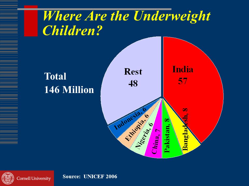 Where Are the Underweight Children Source: UNICEF 2006 Total 146 Million