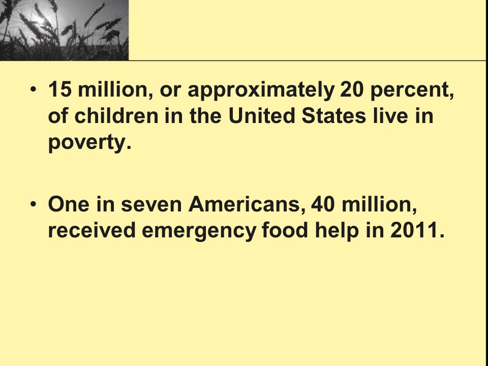 15 million, or approximately 20 percent, of children in the United States live in poverty.
