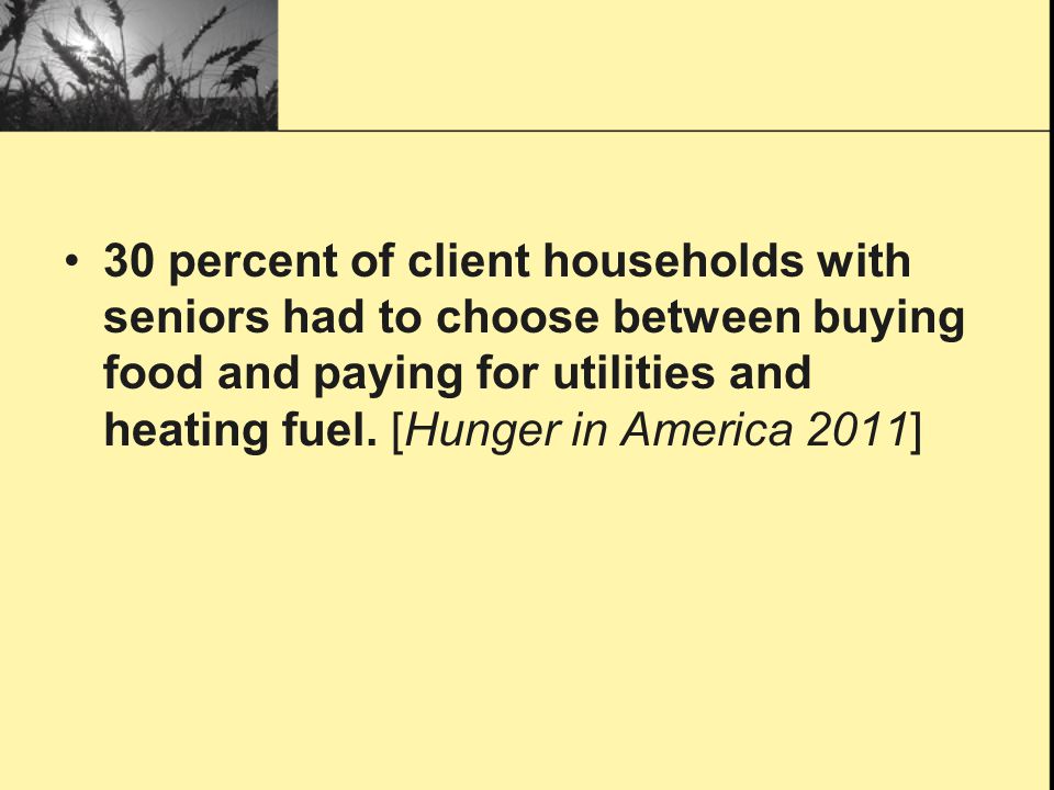 30 percent of client households with seniors had to choose between buying food and paying for utilities and heating fuel.