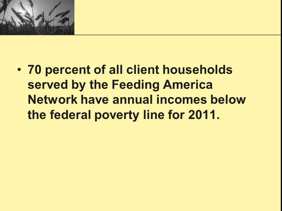 70 percent of all client households served by the Feeding America Network have annual incomes below the federal poverty line for 2011.