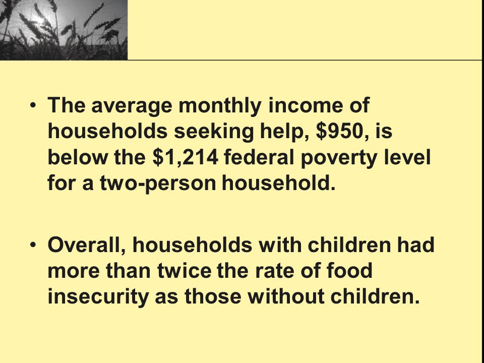 The average monthly income of households seeking help, $950, is below the $1,214 federal poverty level for a two-person household.