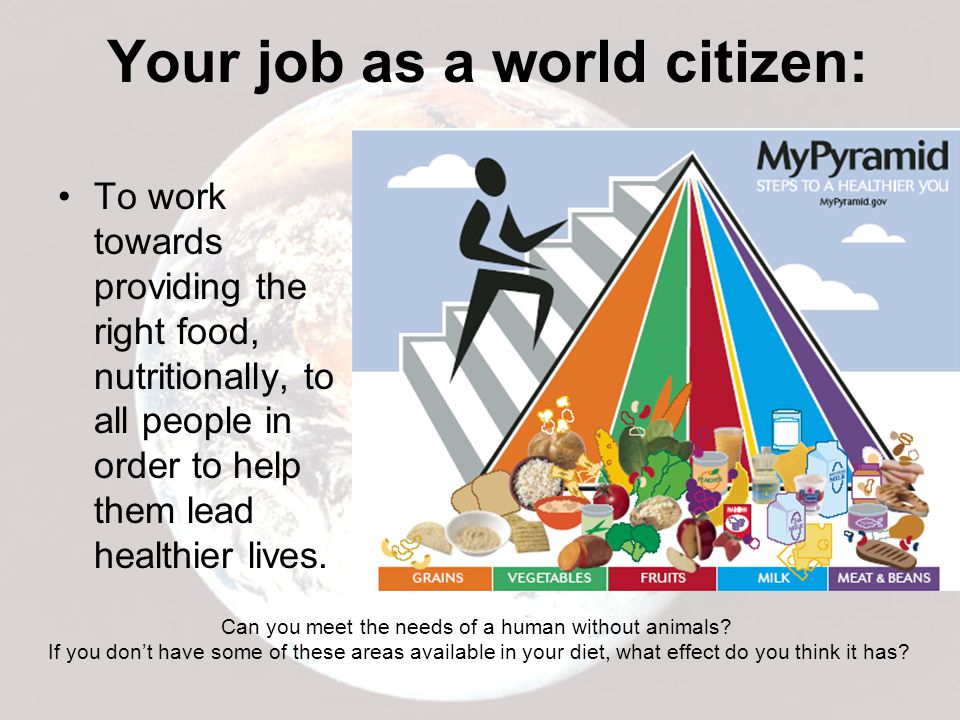 Your job as a world citizen: To work towards providing the right food, nutritionally, to all people in order to help them lead healthier lives.