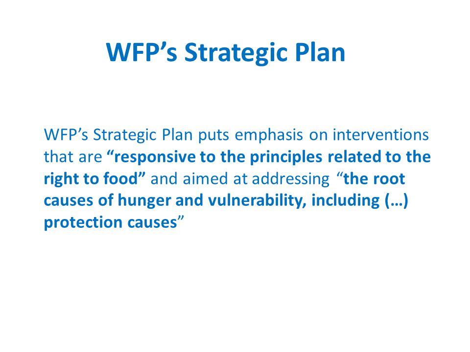 WFP’s Strategic Plan puts emphasis on interventions that are responsive to the principles related to the right to food and aimed at addressing the root causes of hunger and vulnerability, including (…) protection causes WFP’s Strategic Plan