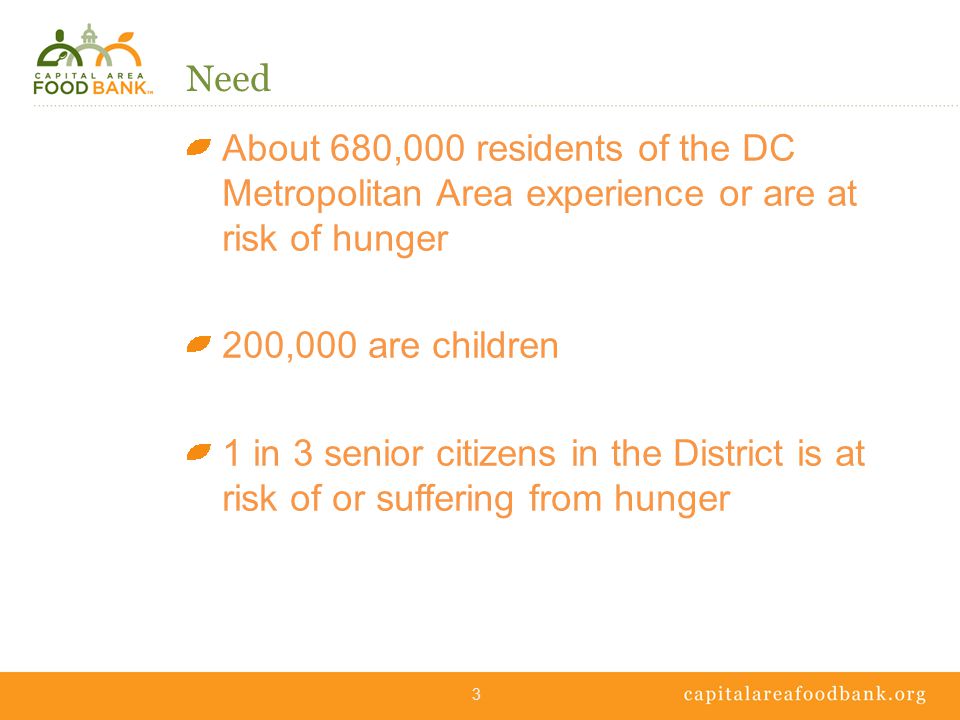 Need About 680,000 residents of the DC Metropolitan Area experience or are at risk of hunger 200,000 are children 1 in 3 senior citizens in the District is at risk of or suffering from hunger 3