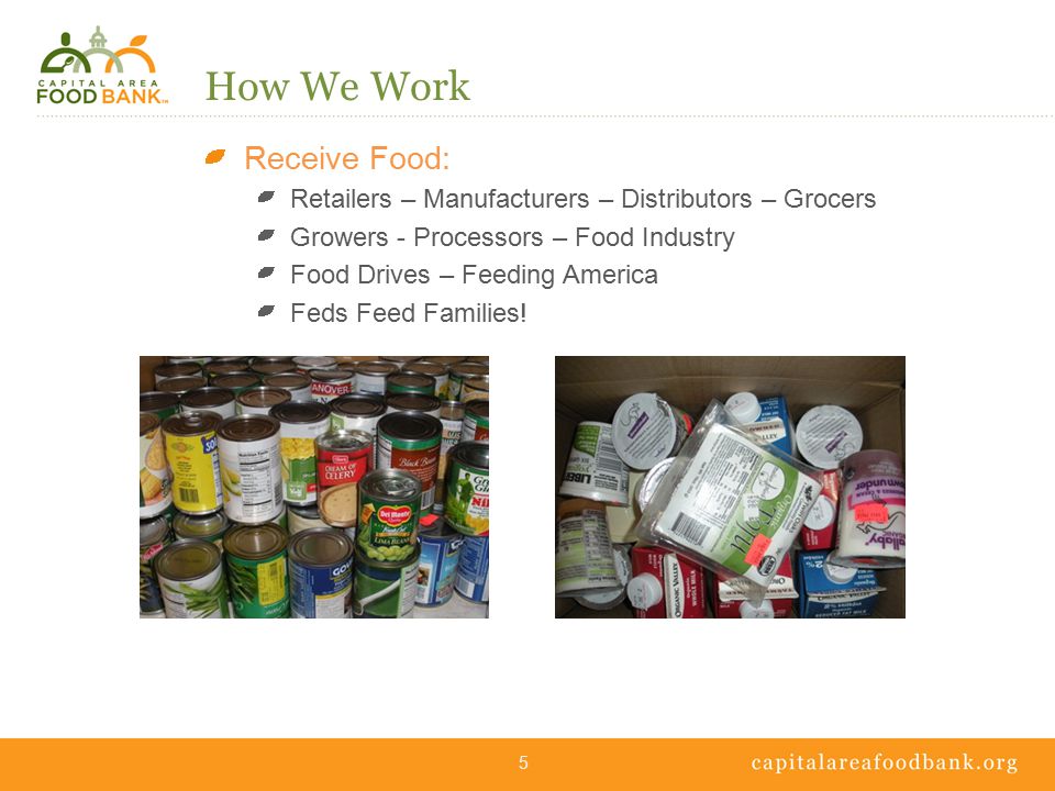 How We Work Receive Food: Retailers – Manufacturers – Distributors – Grocers Growers - Processors – Food Industry Food Drives – Feeding America Feds Feed Families.