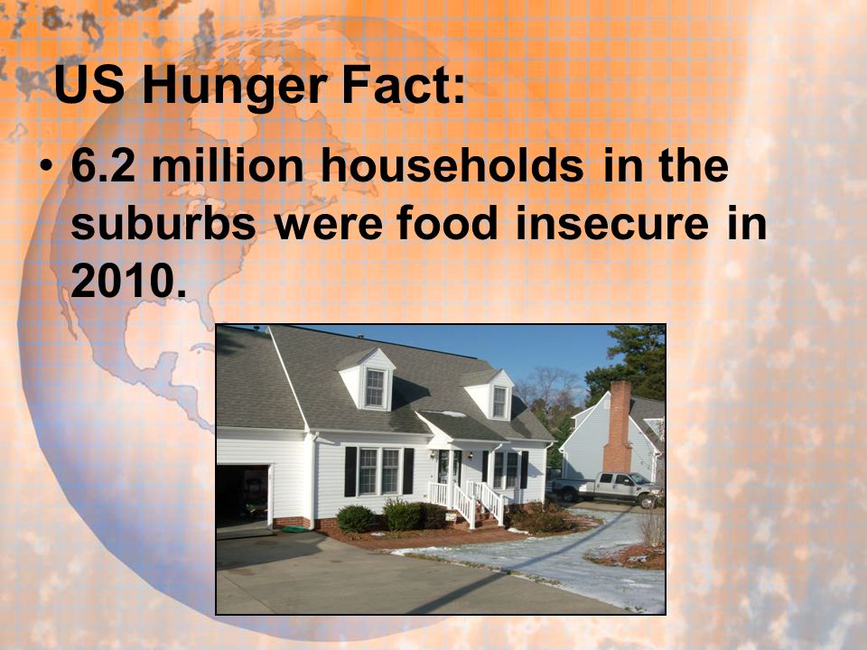 US Hunger Fact: 6.2 million households in the suburbs were food insecure in 2010.