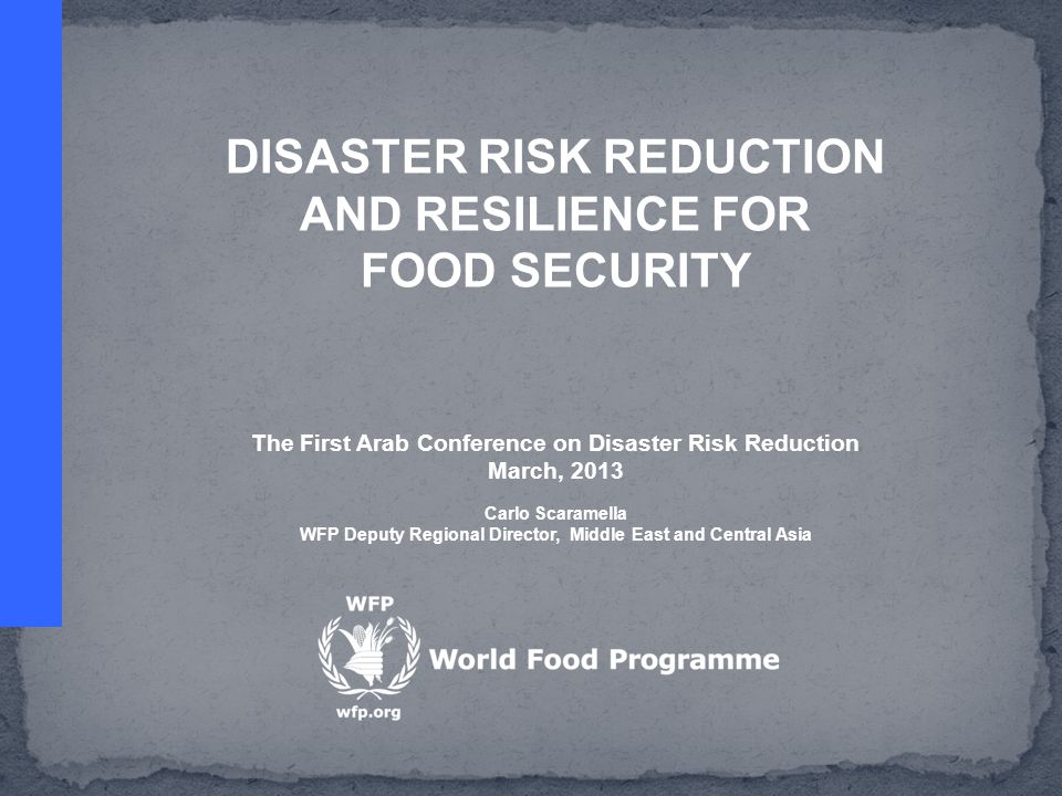 DISASTER RISK REDUCTION AND RESILIENCE FOR FOOD SECURITY The First Arab Conference on Disaster Risk Reduction March, 2013 Carlo Scaramella WFP Deputy Regional Director, Middle East and Central Asia