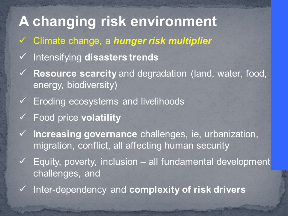 A changing risk environment Climate change, a hunger risk multiplier Intensifying disasters trends Resource scarcity and degradation (land, water, food, energy, biodiversity) Eroding ecosystems and livelihoods Food price volatility Increasing governance challenges, ie, urbanization, migration, conflict, all affecting human security Equity, poverty, inclusion – all fundamental development challenges, and Inter-dependency and complexity of risk drivers