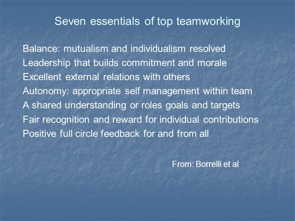 Seven essentials of top teamworking Balance: mutualism and individualism resolved Leadership that builds commitment and morale Excellent external relations with others Autonomy: appropriate self management within team A shared understanding or roles goals and targets Fair recognition and reward for individual contributions Positive full circle feedback for and from all From: Borrelli et al