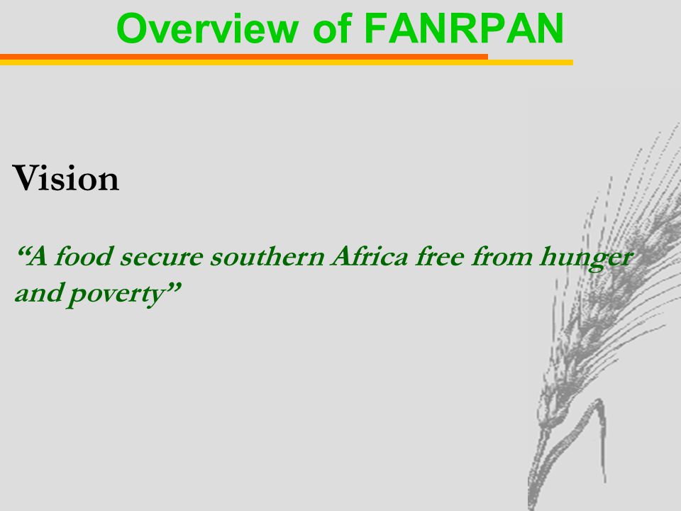 Vision A food secure southern Africa free from hunger and poverty Overview of FANRPAN