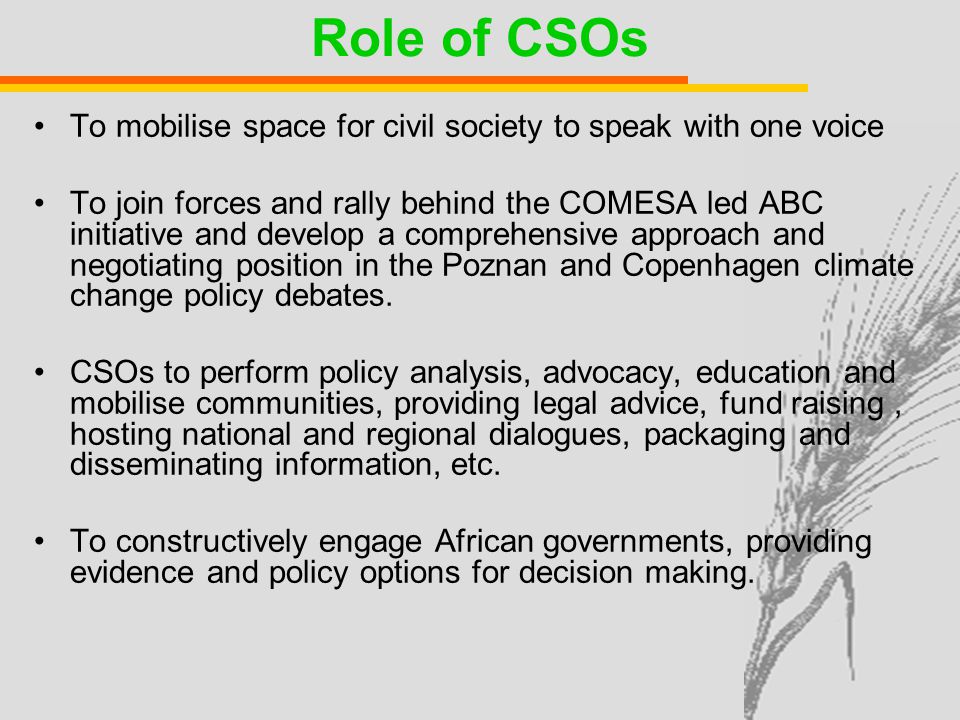 Role of CSOs To mobilise space for civil society to speak with one voice To join forces and rally behind the COMESA led ABC initiative and develop a comprehensive approach and negotiating position in the Poznan and Copenhagen climate change policy debates.