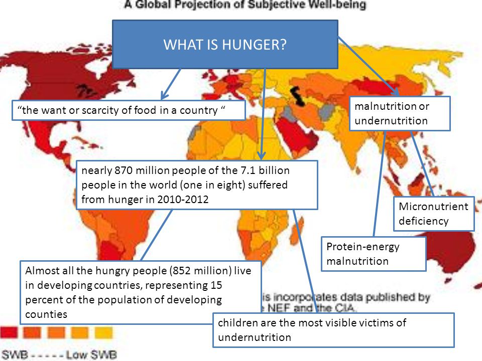 nearly 870 million people of the 7.1 billion people in the world (one in eight) suffered from hunger in Almost all the hungry people (852 million) live in developing countries, representing 15 percent of the population of developing counties children are the most visible victims of undernutrition WHAT IS HUNGER.