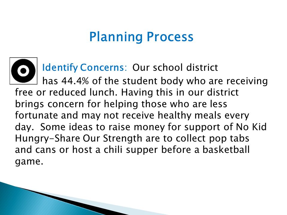 Planning Process Identify Concerns: Our school district has 44.4% of the student body who are receiving free or reduced lunch.