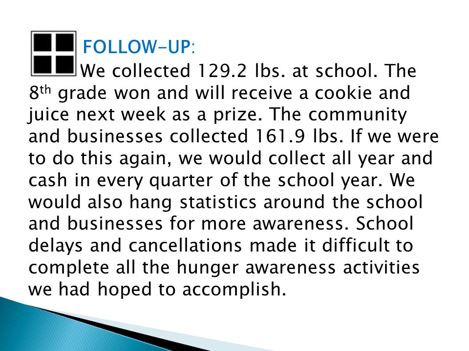 FOLLOW-UP: We collected lbs. at school.
