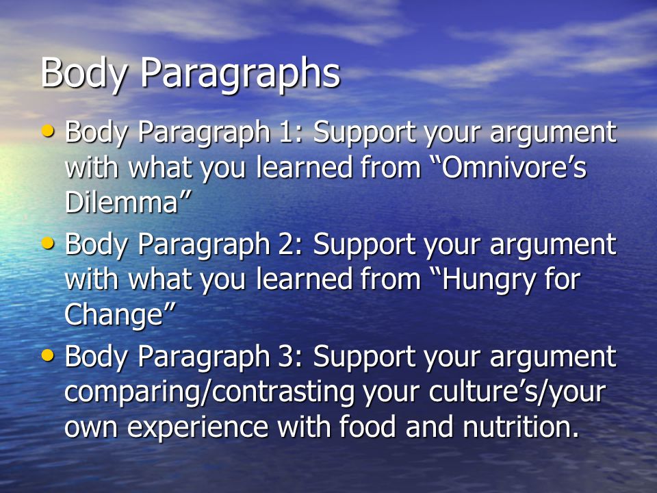 Body Paragraphs Body Paragraph 1: Support your argument with what you learned from Omnivore’s Dilemma Body Paragraph 1: Support your argument with what you learned from Omnivore’s Dilemma Body Paragraph 2: Support your argument with what you learned from Hungry for Change Body Paragraph 2: Support your argument with what you learned from Hungry for Change Body Paragraph 3: Support your argument comparing/contrasting your culture’s/your own experience with food and nutrition.