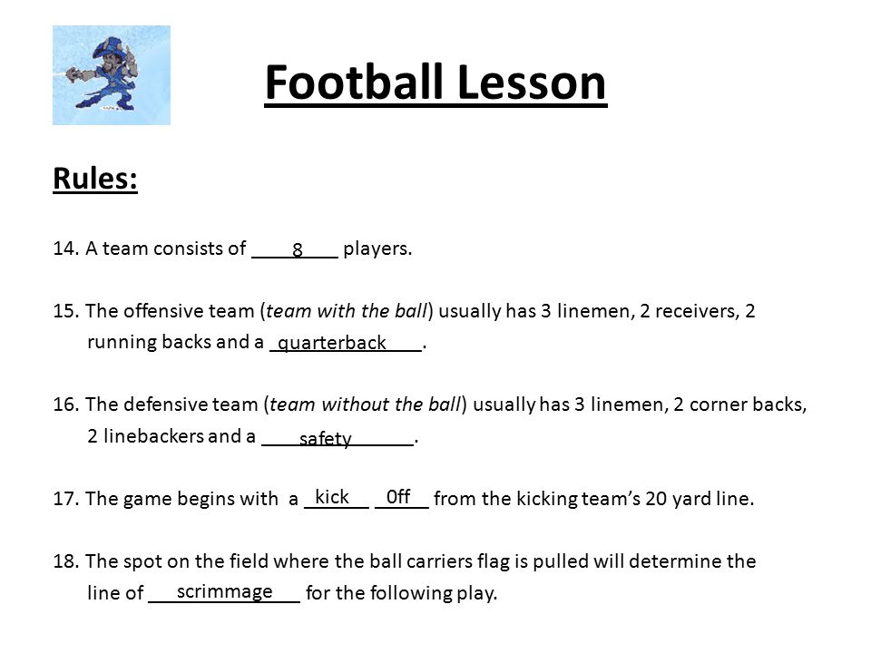 Football Lesson Rules: 14. A team consists of ________ players.
