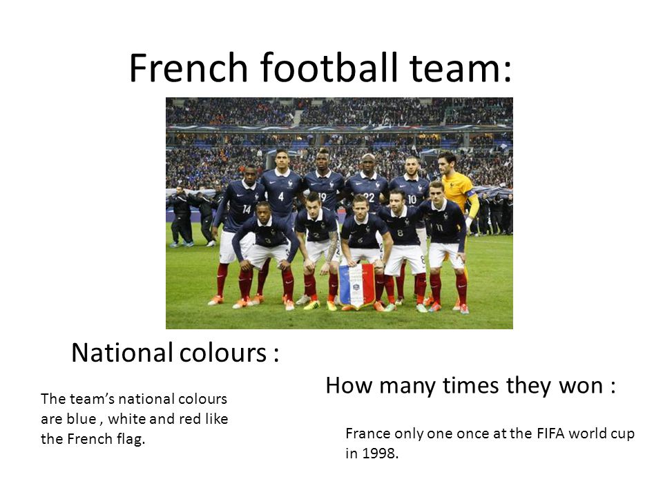 The team’s national colours are blue, white and red like the French flag.