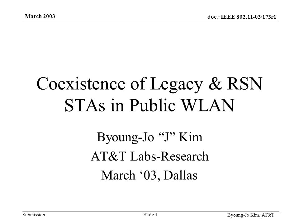 doc.: IEEE /173r1 Submission Byoung-Jo Kim, AT&T March 2003 Slide 1 Coexistence of Legacy & RSN STAs in Public WLAN Byoung-Jo J Kim AT&T Labs-Research March ‘03, Dallas