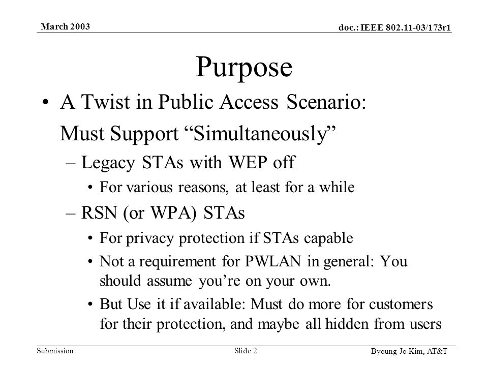 doc.: IEEE /173r1 Submission Byoung-Jo Kim, AT&T March 2003 Slide 2 Purpose A Twist in Public Access Scenario: Must Support Simultaneously –Legacy STAs with WEP off For various reasons, at least for a while –RSN (or WPA) STAs For privacy protection if STAs capable Not a requirement for PWLAN in general: You should assume you’re on your own.
