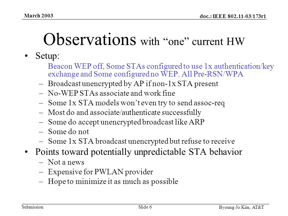 doc.: IEEE /173r1 Submission Byoung-Jo Kim, AT&T March 2003 Slide 6 Observations with one current HW Setup: Beacon WEP off, Some STAs configured to use 1x authentication/key exchange and Some configured no WEP.
