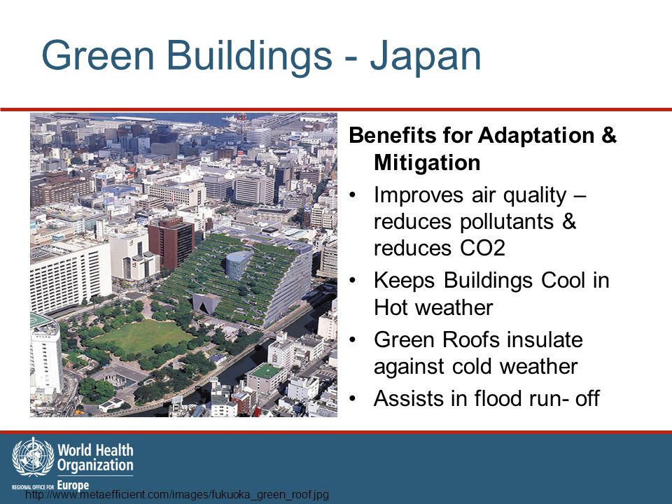 Green Buildings - Japan Benefits for Adaptation & Mitigation Improves air quality – reduces pollutants & reduces CO2 Keeps Buildings Cool in Hot weather Green Roofs insulate against cold weather Assists in flood run- off