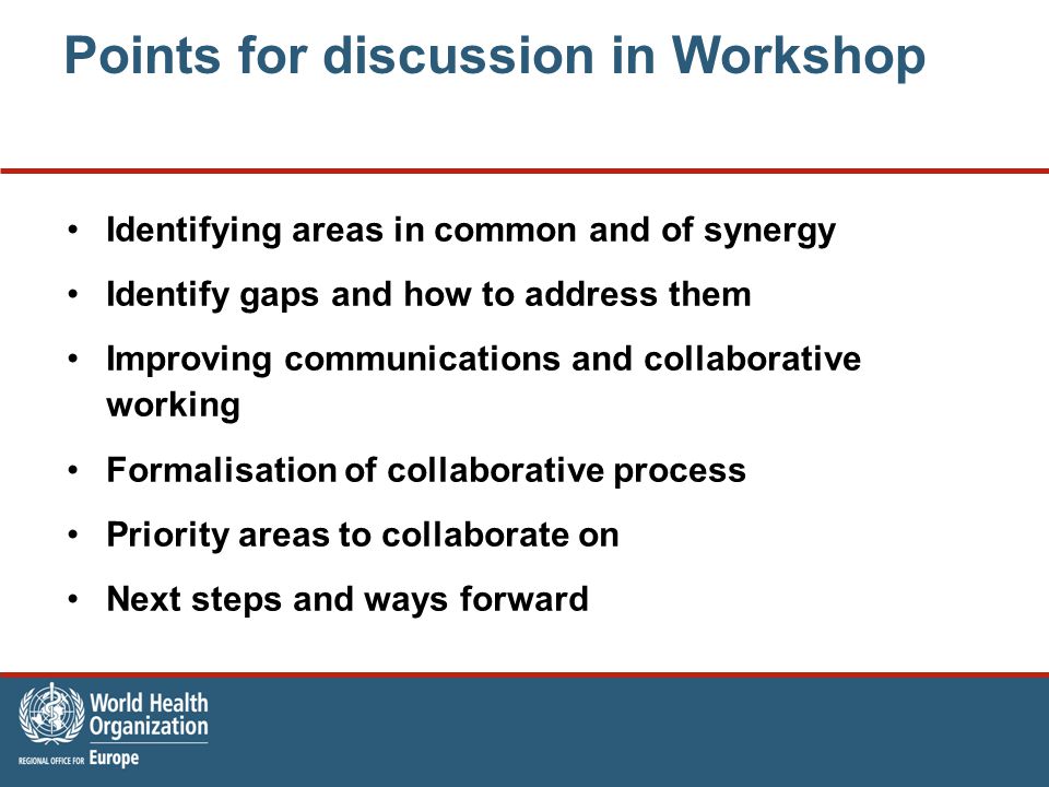Points for discussion in Workshop Identifying areas in common and of synergy Identify gaps and how to address them Improving communications and collaborative working Formalisation of collaborative process Priority areas to collaborate on Next steps and ways forward