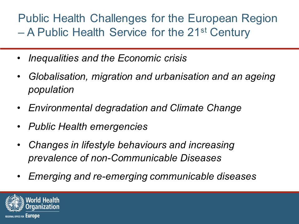 Public Health Challenges for the European Region – A Public Health Service for the 21 st Century Inequalities and the Economic crisis Globalisation, migration and urbanisation and an ageing population Environmental degradation and Climate Change Public Health emergencies Changes in lifestyle behaviours and increasing prevalence of non-Communicable Diseases Emerging and re-emerging communicable diseases