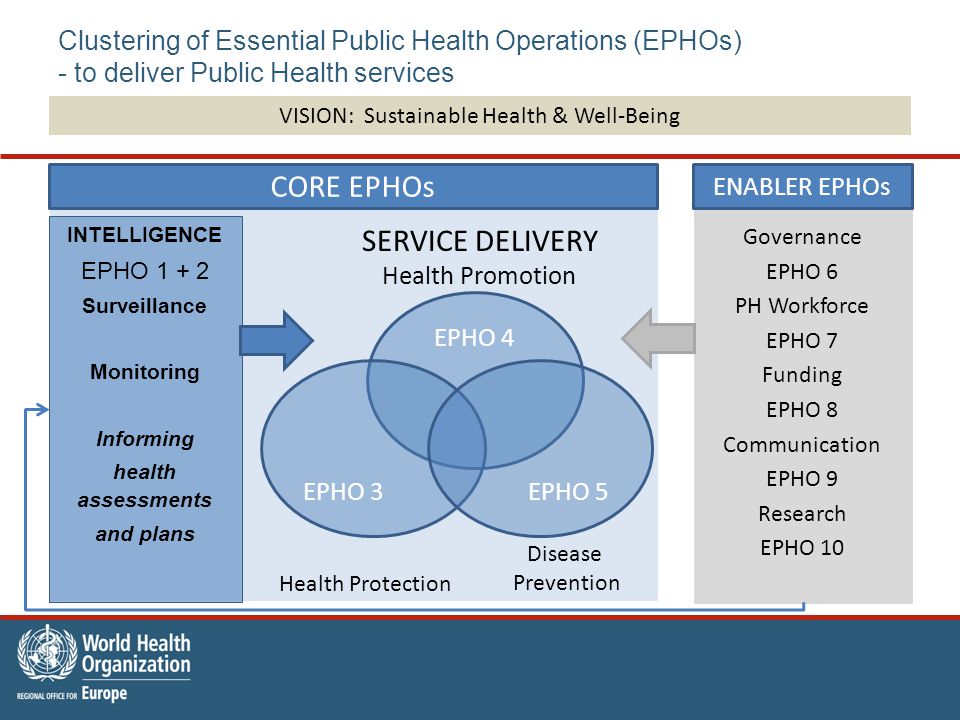 Governance EPHO 6 PH Workforce EPHO 7 Funding EPHO 8 Communication EPHO 9 Research EPHO 10 Clustering of Essential Public Health Operations (EPHOs) - to deliver Public Health services INTELLIGENCE EPHO Surveillance Monitoring Informing health assessments and plans EPHO 4 EPHO 3EPHO 5 CORE EPHOs Health Promotion Disease Prevention Health Protection VISION: Sustainable Health & Well-Being SERVICE DELIVERY ENABLER EPHOs