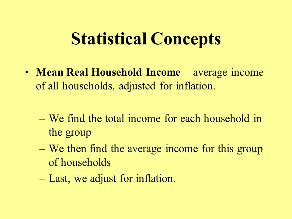 Statistical Concepts Mean Real Household Income – average income of all households, adjusted for inflation.